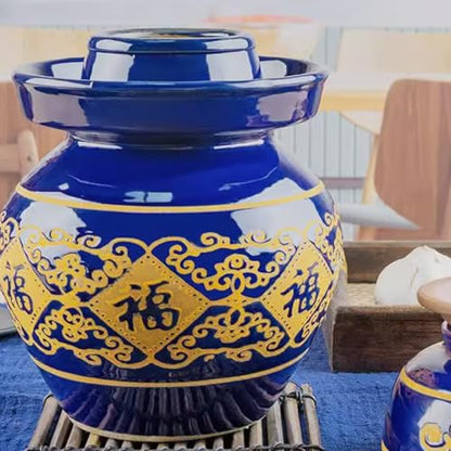 Large Ceramic Pickle Jar with Lids, Blue Traditional Chinese Porcelain Pickle Jar,Ceramic Fermentation Crock with Water Seal Airlock Lid,Sauerkraut Crock for Picklin 2kg (6kg - size: 6kg