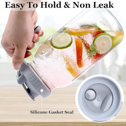 Mason Jar Pitcher Wide Mouth 64 OZ Glass Jars With Pour Spout Lids Airtight Leak-proof 2 Quart Water Pitcher With Handle For Iced Tea, Milk, Sun Tea, Lemonade, Iced Coffee - color: 64 OZ