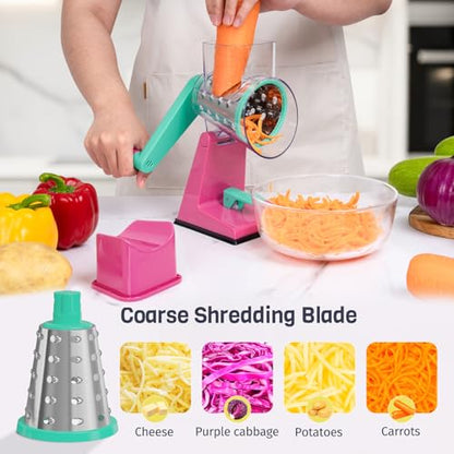 Upgraded Rotary Cheese Grater with 3 Interchangeable Stainless Steel Drums, One-Press Powerful Suction Manual Vegetable Shredder&Slicer for Kitchen, 15pcs Storage Bags Included, Rose-red&Green - color: Rose-red & Green