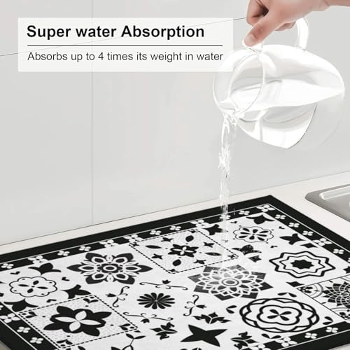 Retro Black Pattern Dish Drying Mat For Kitchen Counter, Super Absorbent Microfiber Dish Drying Pad, Kitchen Gadgets For Easy Clean Multi-Use Large 18"x24" - color: Retro Black Pattern