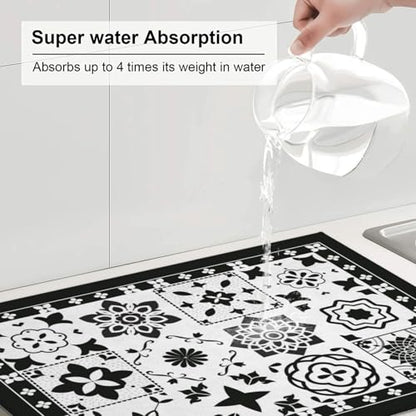 Retro Black Pattern Dish Drying Mat For Kitchen Counter, Super Absorbent Microfiber Dish Drying Pad, Kitchen Gadgets For Easy Clean Multi-Use Large 18"x24" - color: Retro Black Pattern