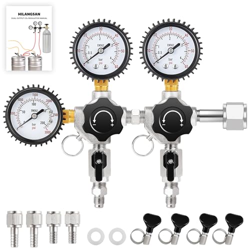 Dual CO2 Regulator for Kegerator CO2 Tank Regulator, CGA-320 CO2 Pressure Regulator with Threaded End Fittings, Two Output Gauges with Swivel Nut 1/4”& 5/16”Barb for Homebrew