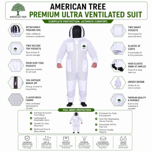 3 Layers Beekeeping Suit for Men and Women, Ventilated Mesh Full Body Protective Gear, (White, Small) - size: Small