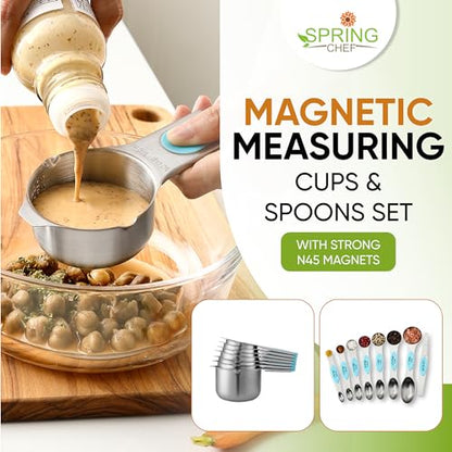 Spring Chef Magnetic Measuring Cups & Spoons Set, Patented, Strong Magnets, Heavy Duty Stainless Steel Fits in Spice Jars for Baking & Cooking, BPA Free, Round Set of 15 with Leveler, Aqua Sky - color: Blue (Aqua Sky), size: Set of 15