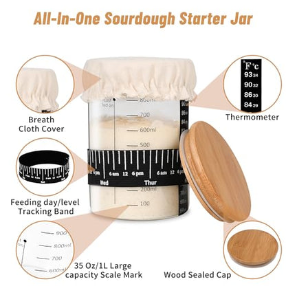 Xileanalee Pro Sourdough Starter Jar Kit 2 Packs-35 Oz Sourdough Bread Starter Jar Kit with Date Marked Feeding Band,Thermometer,Spatula,Cloth Cover& Lid for Sour Dough Bread Loaf (2 Pcs) - size: 2 Pcs