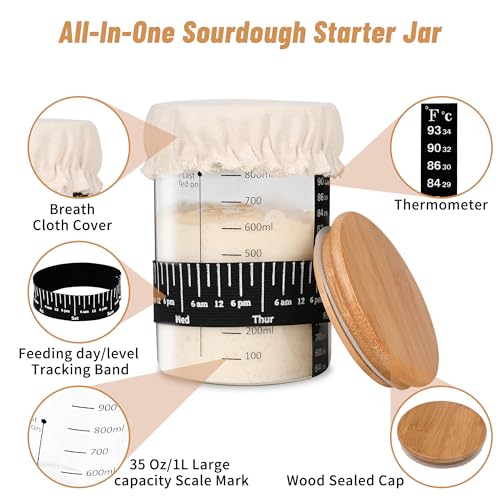 Xileanalee Pro Sourdough Starter Jar Kit 2 Packs-35 Oz Sourdough Bread Starter Jar Kit with Date Marked Feeding Band,Thermometer,Spatula,Cloth Cover& Lid for Sour Dough Bread Loaf (2 Pcs) - size: 2 Pcs