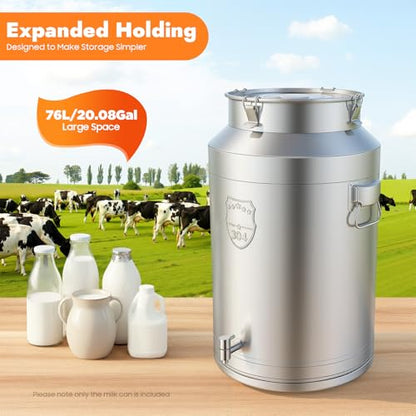 Stainless Steel Milk Can, 76L/20.1Gal Metal Drink Dispenser Airtight Canister with Faucet & Lid, Wine Oil Beverage Storage Container for Kitchen Restaurant Party, W15.8*H25.2in - size: 76L/20.1Gal w/Faucet