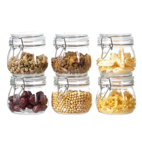 ODBCYWM 17oz Glass Food Storage Jars with Airtight Lids, Set of 6 – Clear Preserving Seal Wire Clip Fastening Canisters for Kitchen Canning, Flour, Cereal, Pasta, Sugar, Beans, Pickling Jars (17oz*6) - size: 17oz*6