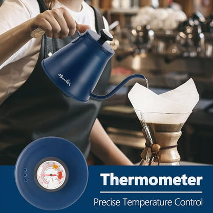 Harriet Gooseneck Kettle with Thermometer for Pour Over Coffee and Tea, 37 fl oz, Stainless Steel, Durable 3-Layer Base, Ideal Spout for Precision Pouring, Compatible with all Stove Tops, Blue - color: Cobalt Blue