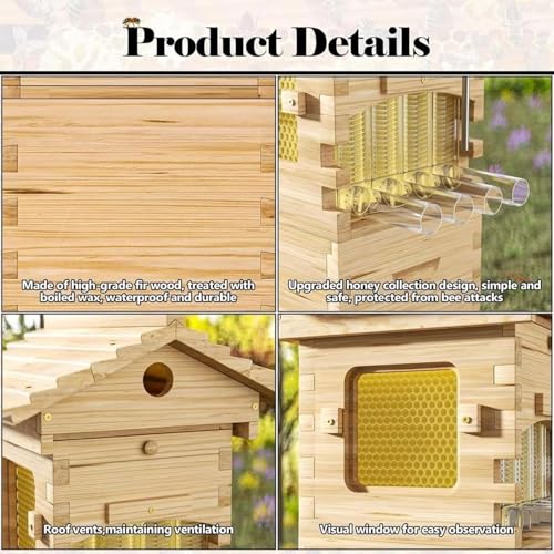 Beehive Starter Kit, Complete Bee Box with Observation Window & Honey Spout,Beekeeping Supplies, Self-Flow Hive Beehive Starter Kit, for Beekeeping Includes Carpenter Bee House
