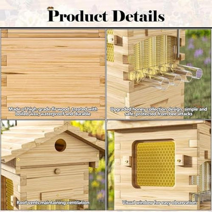 Beehive Starter Kit, Complete Bee Box with Observation Window & Honey Spout,Beekeeping Supplies, Self-Flow Hive Beehive Starter Kit, for Beekeeping Includes Carpenter Bee House