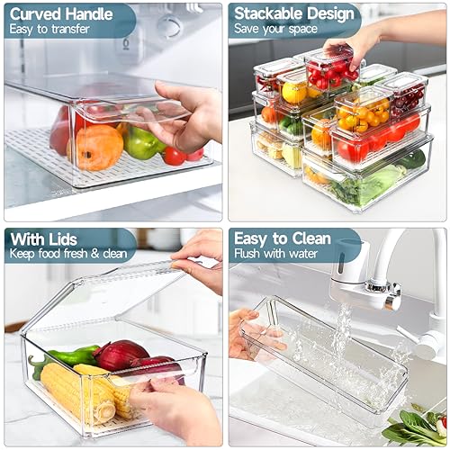 14 Pack Fridge Organizers and Storage - Refrigerator Organizer Bins with Lids, BPA-Free Fridge Organization, Fruit Storage Containers for Fridge, Vegetable, Food, Drinks, Cereals, Clear