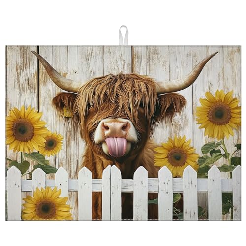 Sunflower Highland Cow Dish Drying Mat for Kitchen Counter Drying Pad Absorbent Reversible Dish Drainer Rack Mats Draining Pad 18"x24"Inch