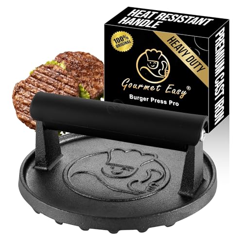 Gourmet Easy Cast Iron Smash Burger Press with Heat Resisitant Handle | Heat-Resistant Handle for a Secure Grip, 2lbs Weight, Ideal for Smash Burgers and Grills, Dishwasher Safe, 5-Year Warranty - color: Burger Press Cast Iron