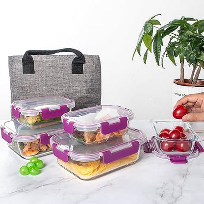 C CREST 10 Pack Meal Prep Glass Containers with Locking Lids - 5x 32oz + 5x 12oz - Ideal for Food Storage - color: PLUM