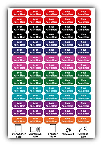 75 Personalized Waterproof Name Labels. Press and Stick Multi use Custom Name Labels. Customized 2 Lines of Text and Color. ID Identification Name Stickers with Permanent Self Adhesive. - color: 75 Medium Labels - Colored Background