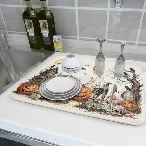 Giwawa Halloween Pumpkin Ghost Dish Drying Mat Black Cat Microfiber Dishes Pad 18x24 Inch Holiday Dish Drainer Rack Mats for Kitchen Counter Sink - color: Pumpkin Ghost, size: 18x24 inch