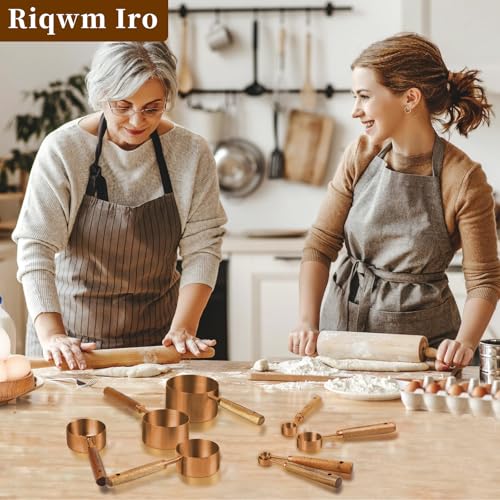 Copper Stainless Steel Measuring Cups and Spoons Set,8 Piece Measuring Cup Set with Wooden Handle and Metric and US Measurements，Copper Polished Finish，for Cooking and Baking in The Kitchen - color: Copper