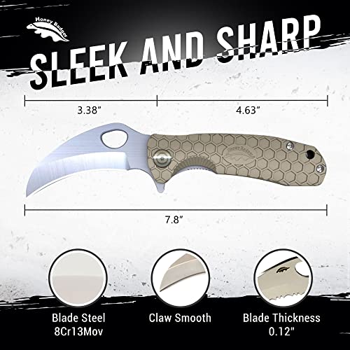 Honey Badger Pocket Knife, EDC Claw Hawkbill Folding Utility Knife, EDC Knife with Stainless Steel Blade, Claw Pocket Knives, Reversible Pocket Clip - 3.4" (Claw Smooth Large Tan) - color: Large Claw Smooth Tan