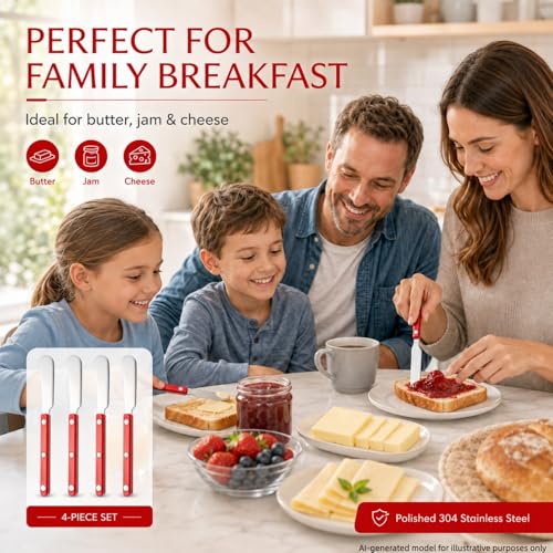 4PCS Stainless Steel Butter Knives Set: 6.3 Inch Cheese Spreader 304 Stainless Steel with Ergonomic Handle for Cheese, Butter & Jam (red) - color: red