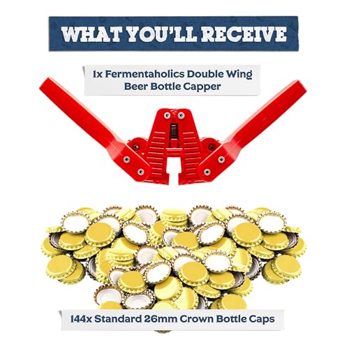Fermentaholics Beer Bottle Capper & Lid Set – Double Wing Manual Capping Tool with 144 Crown Caps – Fits Standard 12 oz & Homebrew Beer Bottles (Capper & Lid Set -144 Gold Crown Caps) - size: Capper & Lid Set -144 Gold Crown Caps