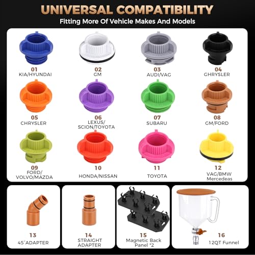 DISEN 17-Piece Engine Oil Funnel Kit, 2.12QT/2L Oil Funnel Set with 12 Adapters, 45° & Straight Elbow, Magnetic Storage Trays for Garage, Compatible with More Car