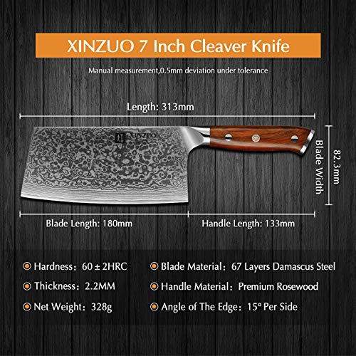 XINZUO 7 Inch Chinese Meat Cleaver Knife-Real 67 Layers Damascus Butcher Knife-Suitable for Meat/Vegetable Cleaver-Ultral Sharp-Natural Rosewood Handle-Yu Series - size: 7 inch Cleaver Knife