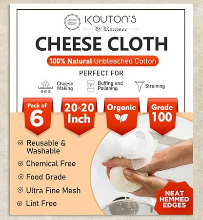 Raajsee Cheese Cloths 6 pcs Hemmed 20x20 inch Reusable 100% Unbleached Organic Cheesecloth for Straining Craft, Grade 100 Ultra Fine Muslin Cloth For Turkey Baking Juicing Brewing Yogurt Strainer - size: 20x20 inch 6 Pcs