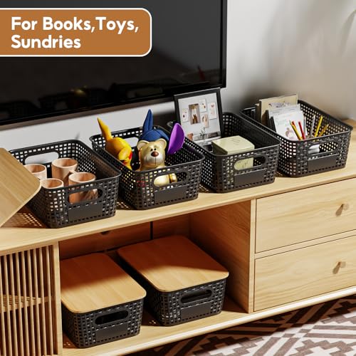 8 Pcs Plastic Storage Bins with Bamboo Lids and Labels 5.29qt Stackable Box Basket Pantry Decorative Containers, Small Storage Baskets for Desktop Organizing Shelves Bedrooms Cabinets 10*7.2*4.1" - style: Black-Bamboo Lid