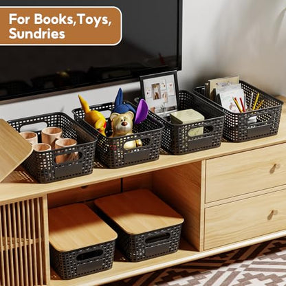 8 Pcs Plastic Storage Bins with Bamboo Lids and Labels 5.29qt Stackable Box Basket Pantry Decorative Containers, Small Storage Baskets for Desktop Organizing Shelves Bedrooms Cabinets 10*7.2*4.1" - style: Black-Bamboo Lid