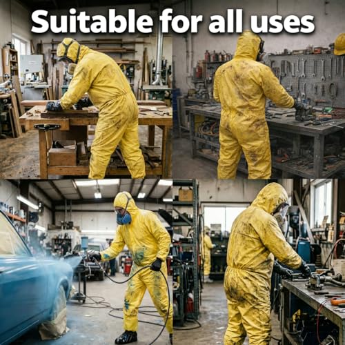 Yellow Hazmat Suit Coveralls for Men and Women, Heavy Duty Full Body Paint Suit with Premium Gloves and Shoe Covers - size: 4X-Large