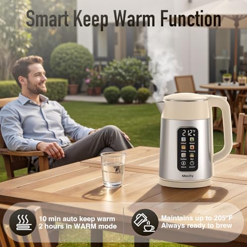 Mecity Electric Kettle 1.7L Touch Screen Temperature Control Water Boiler, No Plastic Contact with Water. 6 Presets For Tea and Coffee, 2 Hours Keep Warm, Auto Shut Off, Cream & Stainless Steel Color - color: Silver & Cream