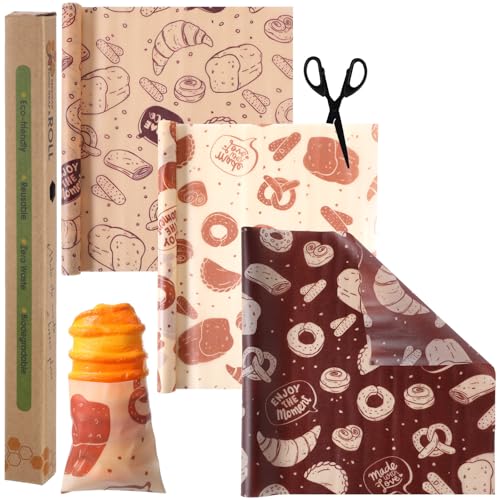 3 Rolls Reusable Beeswax Wraps for Food 13 x 40 Inches Bees Wax Wraps Reusable Food Storage Wrap Beeswax Paper Roll for Bread Sandwich Cheese Fruit Snacks(Bakery) - style: Bakery