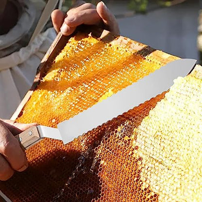 Flexzion Cold Honey Uncapping Tool - 11 Inch Serrated Uncapping Knife, Stainless Steel Honey Knife Uncapping with Ergonomic Wooden Handle, Non-Heated Honeycomb Scraper for Wax & Honey Extraction
