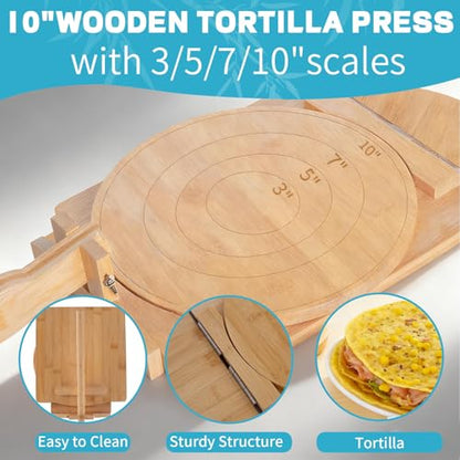 NEW Wooden Corn Tortilla Press,10 Inch Corn Tortilla Press, Built-In Rotating Disc Double Press, Comes With 50 Sheets Of Parchment Paper And A Rolling Pin, Suitable For Making Pancake, Chicken Wrap