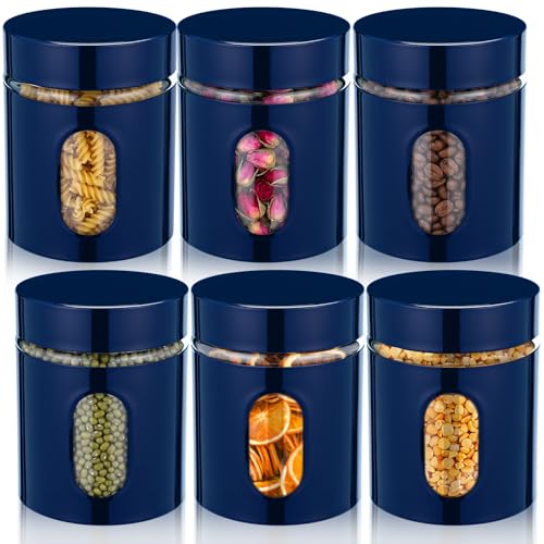 Mimorou 6 Pack Kitchen Canisters Set Airtight Coffee Sugar Tea Storage Jars with Window Glass Stainless Steel Containers with Lids for Flour Cookies Spices Grains Kitchen Decorations(Navy Blue,20 oz) - color: Navy Blue, size: 20 oz