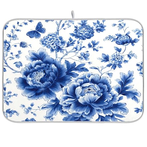 Blue and White Peony Flowers Butterfly Dish Drying Mat for Kitchen Counter Drainer Rack Mats for Dishes Washable Absorbent Draining Heat Resistant Pad for Countertop 18x24 - color: Blue and White Peony Flowers Leaf, size: 18'' x 24''