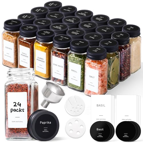 ComSaf Glass Spice Jars with with Labels 4 oz 24 Pack Small Square Bulk Set | Empty Containers, Seasoning Herb Powder, Salt Pepper Chili, Spice Rack Organization, Kitchen Cabinet Storage, Funnel Included - color: Metal Black Lids