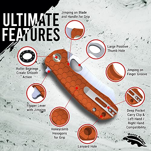 Honey Badger Knife - Flipper Wharncleaver Pocket Knife, EDC Hunting with 3.6" Steel Blade, Nylon+Glass Fiber Handle & Reversible Pocket Clip Medium Orange HB1068 - color: Medium Wharncleaver Orange