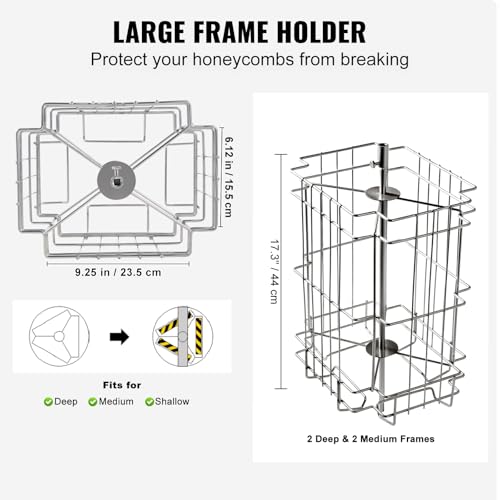 VEVOR Honey Extractor, 2/4 Frame Stainless Steel Manual Beekeeping Extraction, Honeycomb Drum Spinner with Transparent Lid, Apiary Centrifuge Equipment with Height Adjustable Stand, Silver - style: 4 Frame Rack(2 Deep Frames)