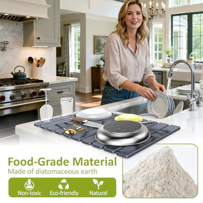 Large Stone Dish Drying Mat for Kitchen Counter, 24"(L)×16"(W), Collapsible Quick Dry Stone Dish Mats, Super Absorbent Diatomaceous Earth Drying Pad for Dishes Bottles Cups, Countertops (Marble) - color: Marble