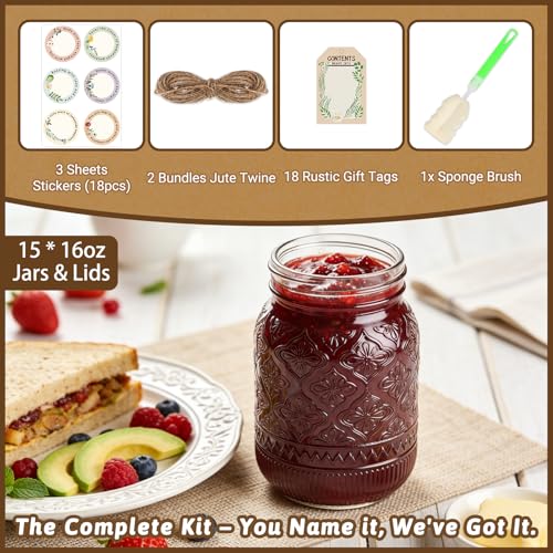 16 oz Embossed Mason Jars 15 Pack, Regular Mouth Pint Glass Canning Jars with Airtight Lids and Bands, Ideal for Overnight Oats, Meal Prep, Pickling, Fermenting, Food Storage, DIY Crafts & Gifts - color: Clear03-16oz