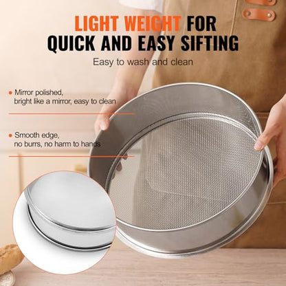 VEVOR Flour Sieve, 12 Mesh Sifter, 304 Stainless Steel Food-grade Fine Mesh Strainer, Dia. 12.6" for Baking, 5 Sizes Mesh Hole for Mungbean, Rice, Pearl Powder - style: 12 Mesh