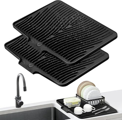 Silicone Dish Drying Mat for Kitchen counter, 19.7"x17" 2Pcs Extra Large Non-Slip Drain Pad with Built-in Drainage, Heat Resistant Dishwasher Safe, Black - color: Black-2pcs, size: 19.7" x 17"