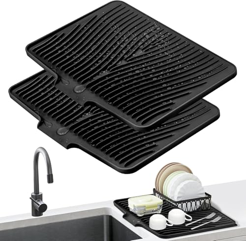 Silicone Dish Drying Mat for Kitchen counter, 19.7"x17" 2Pcs Extra Large Non-Slip Drain Pad with Built-in Drainage, Heat Resistant Dishwasher Safe, Black - color: Black-2pcs, size: 19.7" x 17"