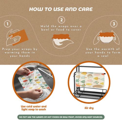 Akeeko Reusable Beeswax Food Wraps - Assorted 9 Packs, Reusable, Plastic-Free Food Storage, 5 Small, 2 Medium, 1 Large, 1 Extra Large Wraps with Forest Animals Pattern