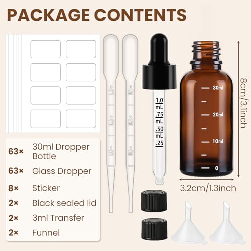 UPBUD 63 Pcs 1oz Amber Glass Dropper Bottles with Measurement, 30ml Leakproof Tincture Bottles with Funnels, Eye Droppers, Extra Caps & Labels, Refillable Empty Bottle for Tinctures, Essential Oils - color: Amber-1oz, size: 1oz