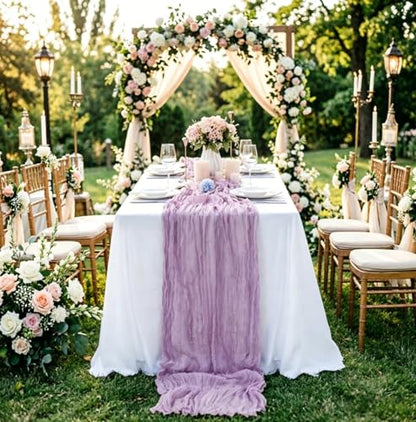 16 Pack Purple Lavender Cheesecloth Table Runner 35x120 Inch Boho Rustic Gauze Table Runners, 10Ft Long Sheer Purple Lavender Cheese Cloth Table Runners for Wedding Bridal Shower Party Table Decor - style: Lavender