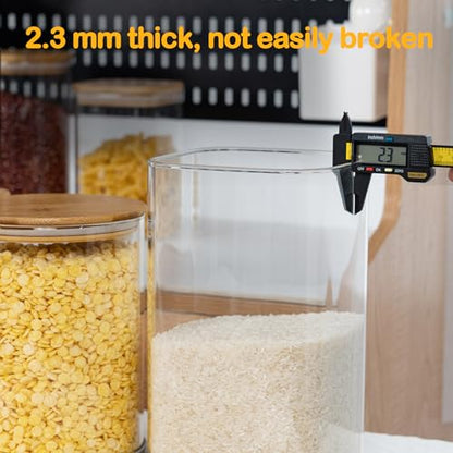 D2scrma 50oz Airtight Glass Square Storage Canister with Bamboo Lid Set of 3 (1500ml) Container Stackable Spice Jar, Kitchen Canister for Flour, Cookies, Cereal and Coffee beans (‎with Black Lable) - size: 50oz*3