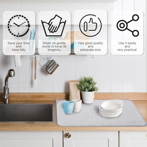 3 Pcs XXL Dish Drying Mat,Absorbent Microfiber Dishes Drainer Mats,Large Size 24×17" Pads for Kitchen Counter,Coffee,Rack,Under Sink,Light Gray - size: 3PCS 24*17 inch